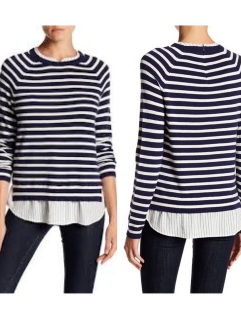 Joie Zaan Striped Sweater Shirt Combo Top Wool Cashmere Silk Navy Beige Estim M